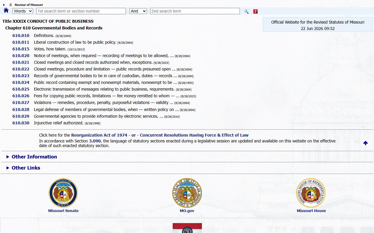 Harrison County court records Missouri Sunshine Law access statutes